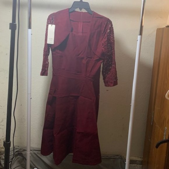 Chouyatou Women's Dark Red Retro 3/4 Lace Sleeve Fit/Flare A-Line Midi Dress S - Picture 1 of 6
